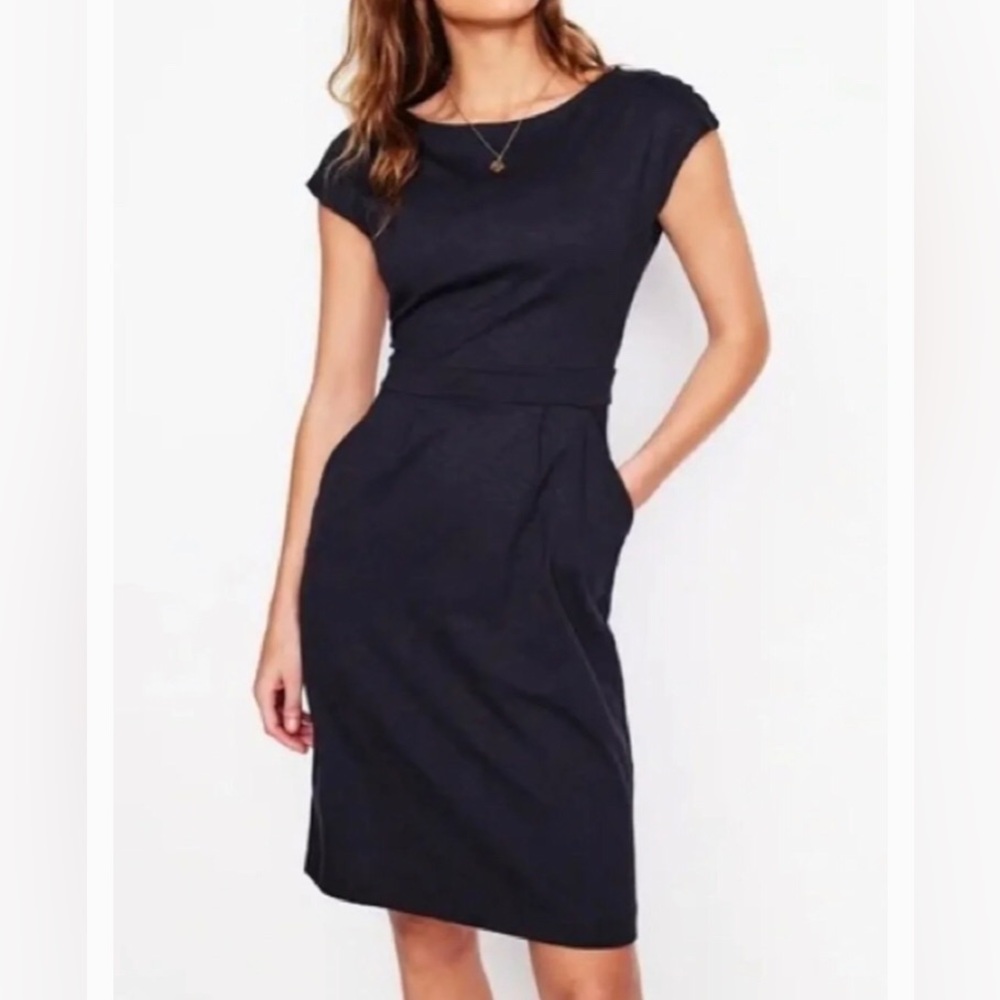 NWOT Boden Florrie Navy Blue Cap-Sleeve Sheath Dress With Pockets 4P Cotton